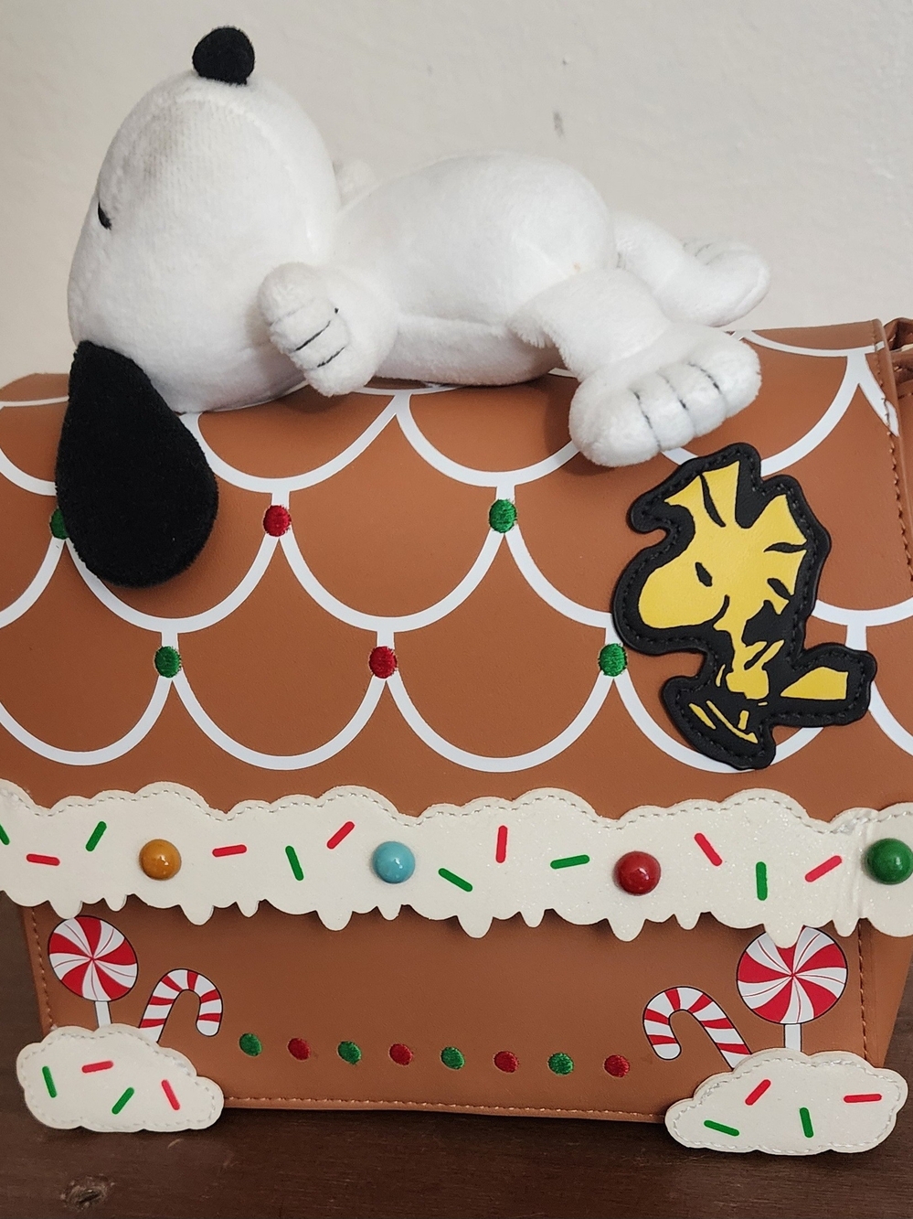Holiday Gingerbread Crossbody Bag with Plush Snoopy Accent